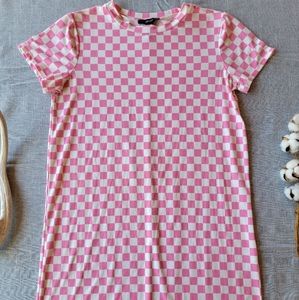 Pink and White Checkered T-Shirt Dress